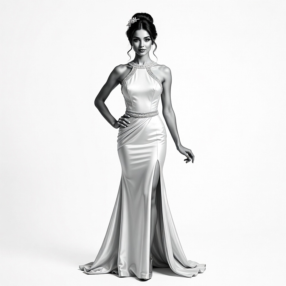 Woman in elegant white slit gown Woman in elegant white slit gown
