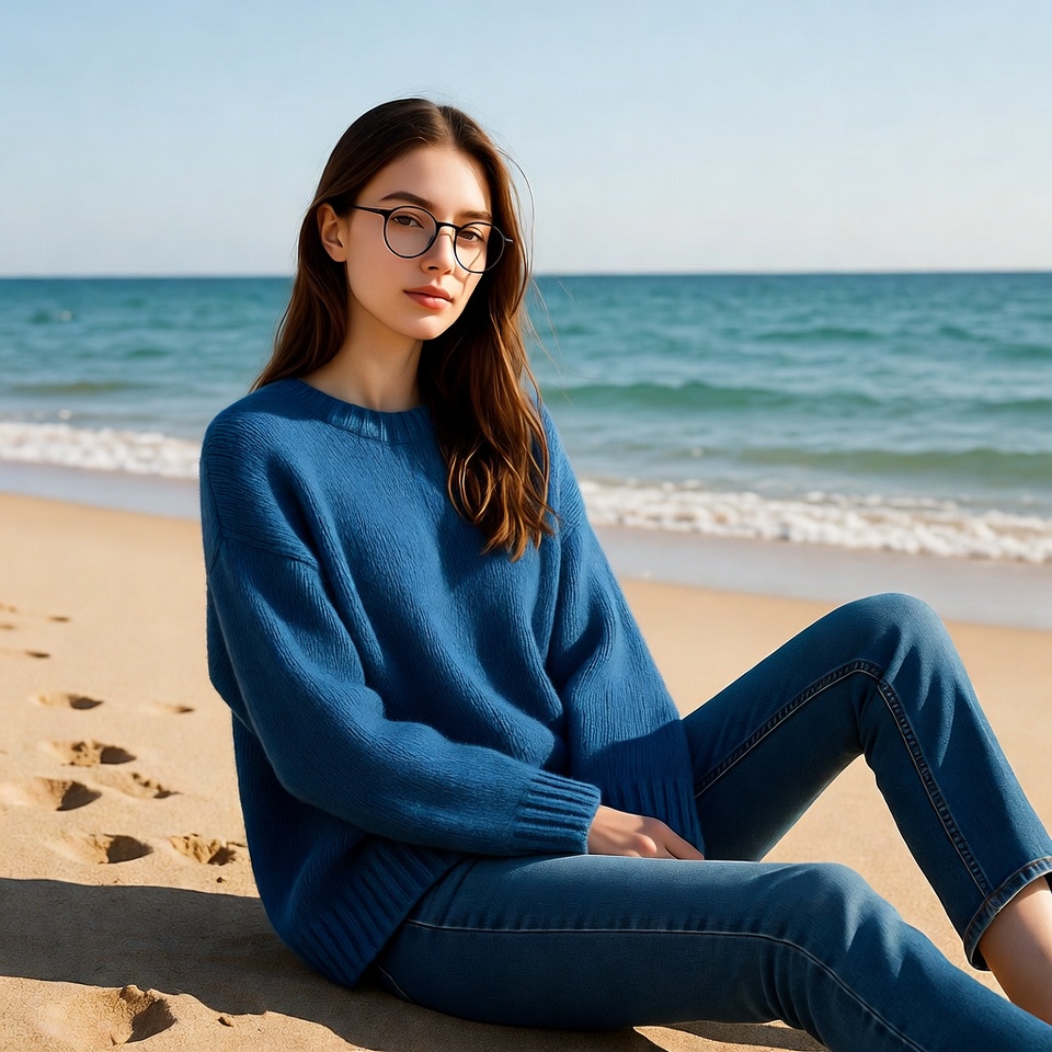 Woman in blue sweater on beach Woman in blue sweater on beach