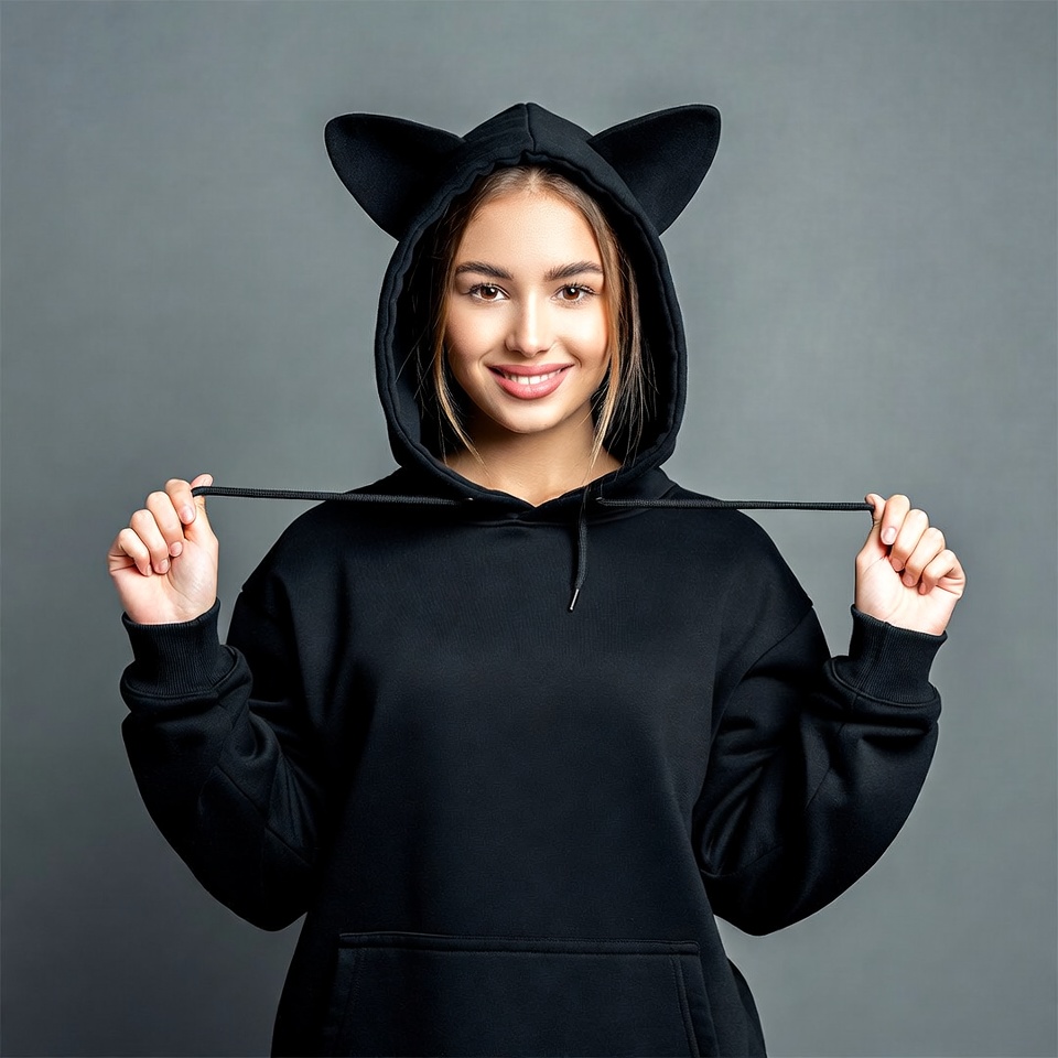 Woman wearing cat ear hoodie Woman wearing cat ear hoodie