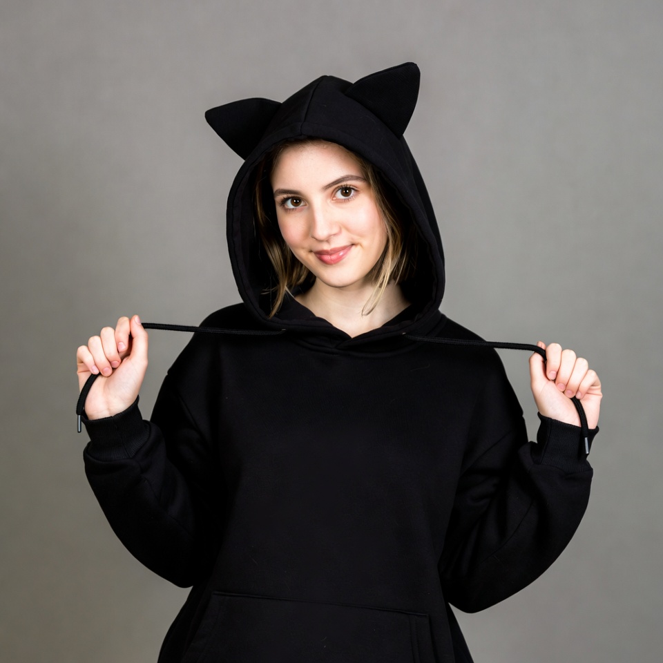 Woman wearing black cat ear hoodie Woman wearing black cat ear hoodie
