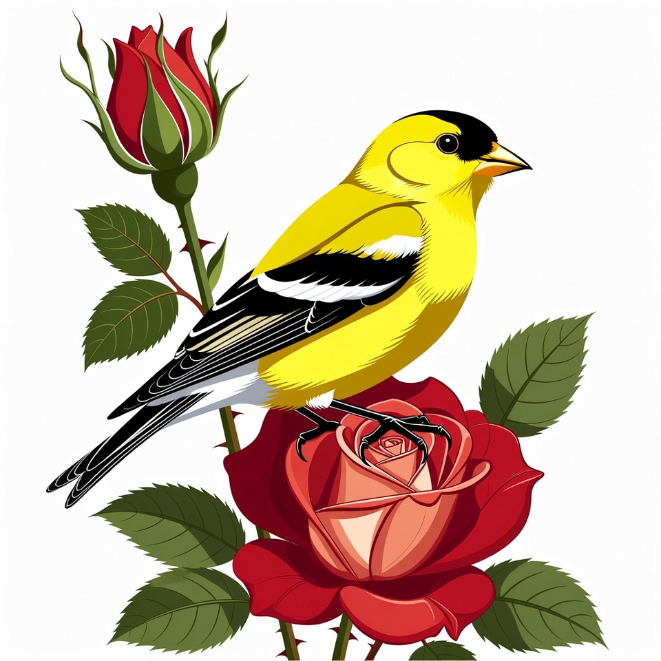 Goldfinch perched on red rose Goldfinch perched on red rose
