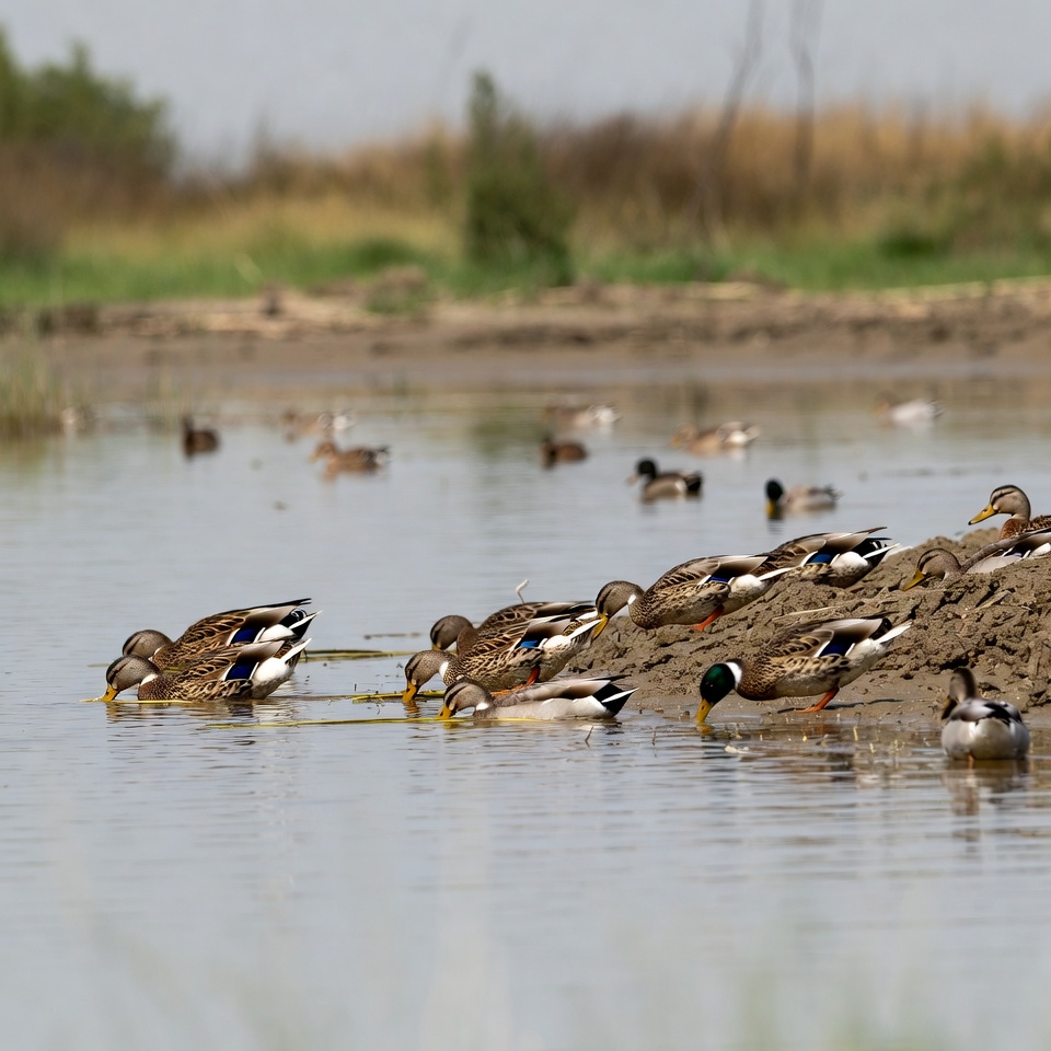 Mallard ducks foraging in shallow water Mallard ducks foraging in shallow water
