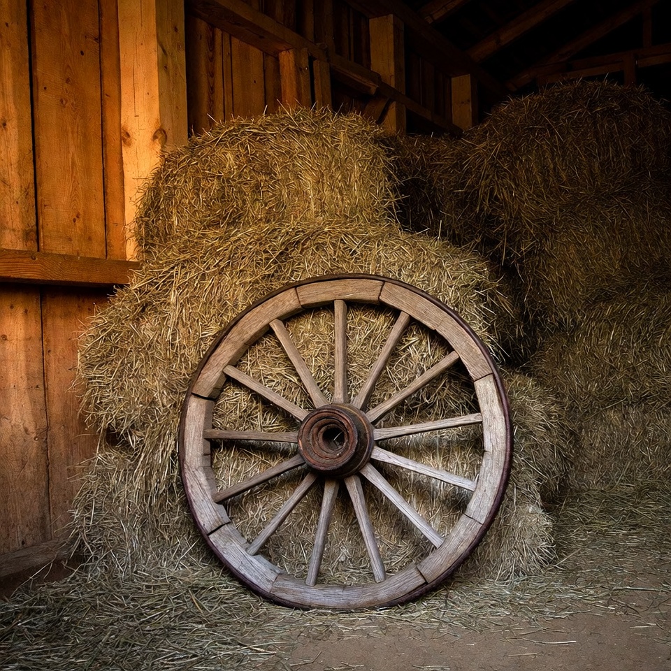 Old Wagon Wheel on Hay Bales Old Wagon Wheel on Hay Bales