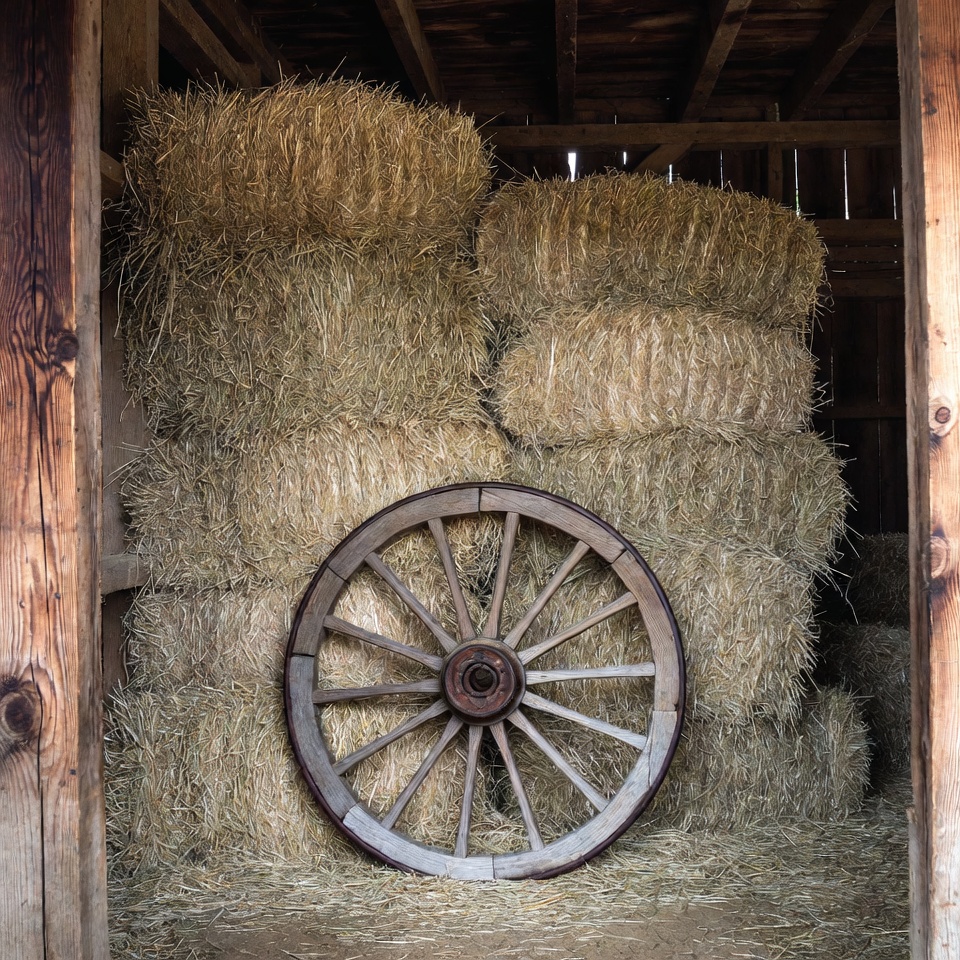 Hay Bales and Wagon Wheel in Barn Hay Bales and Wagon Wheel in Barn