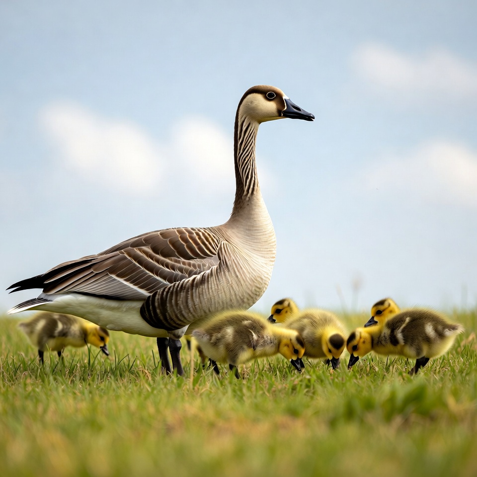 Mother Goose with Goslings in Grass Mother Goose with Goslings in Grass