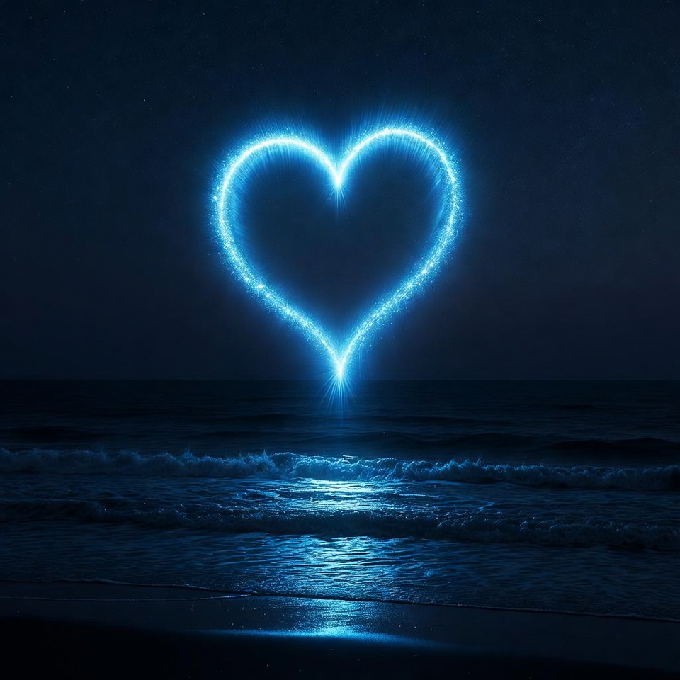 Glowing Blue Heart Over Night Ocean Glowing Blue Heart Over Night Ocean