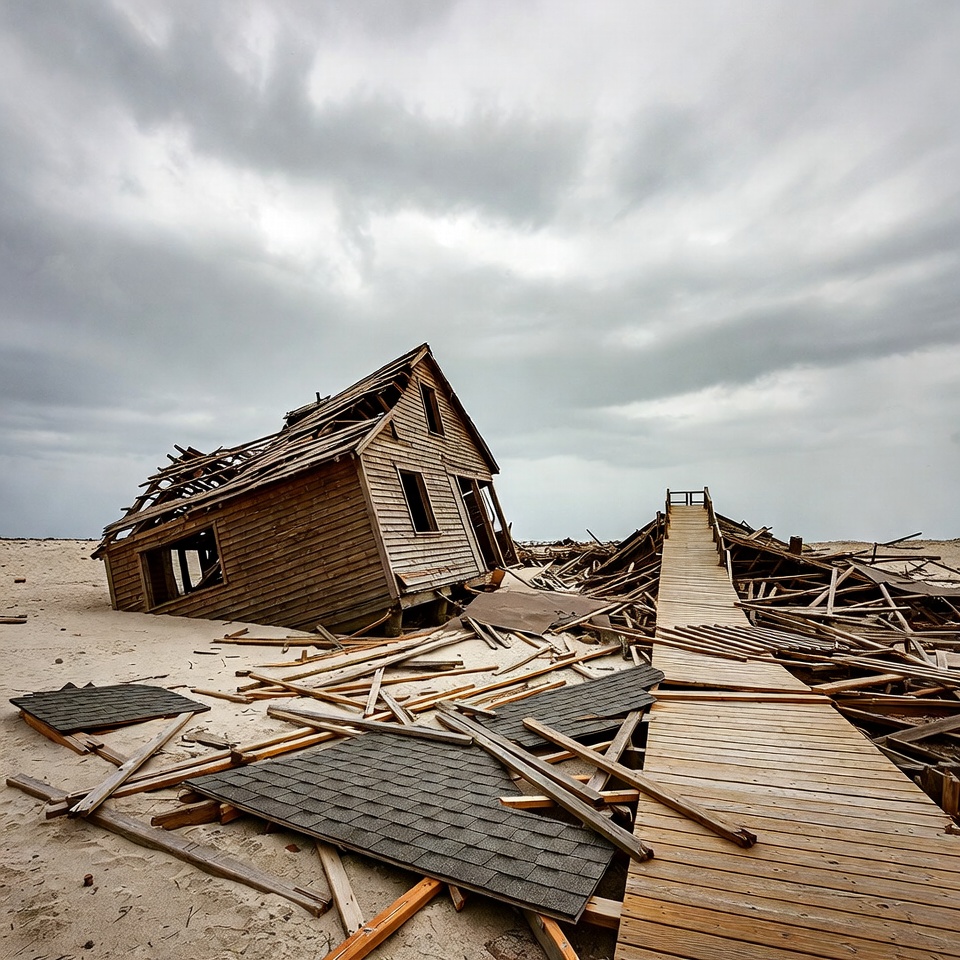 Destroyed Wooden House on Beach Destroyed Wooden House on Beach