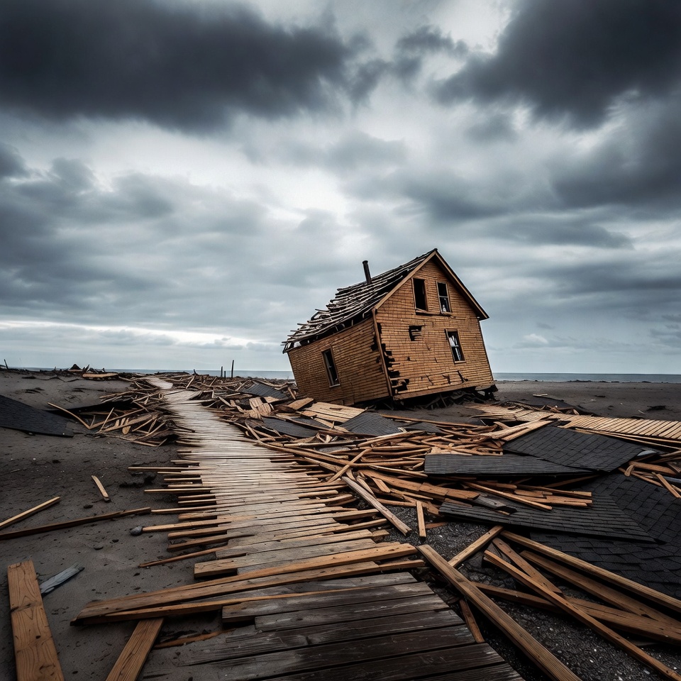 Tilted Wooden House on Storm-Damaged Beach Tilted Wooden House on Storm-Damaged Beach