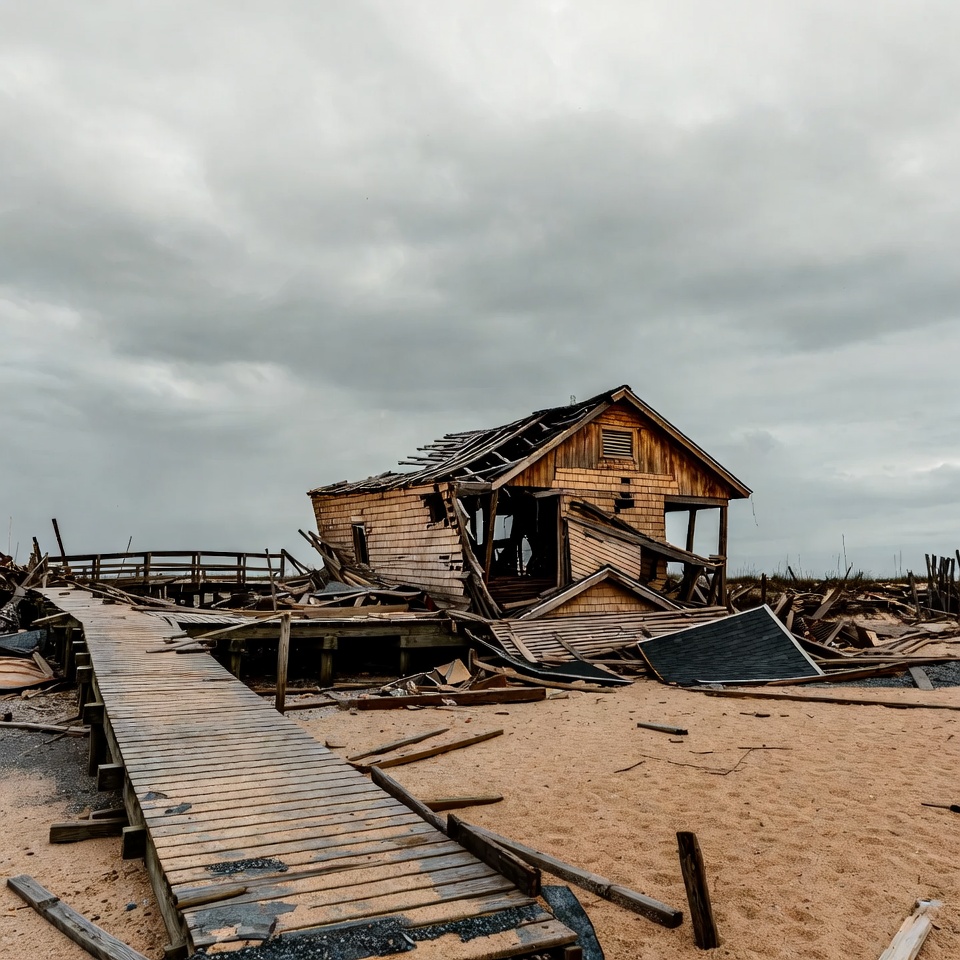 Destroyed beach house on sandy shore Destroyed beach house on sandy shore