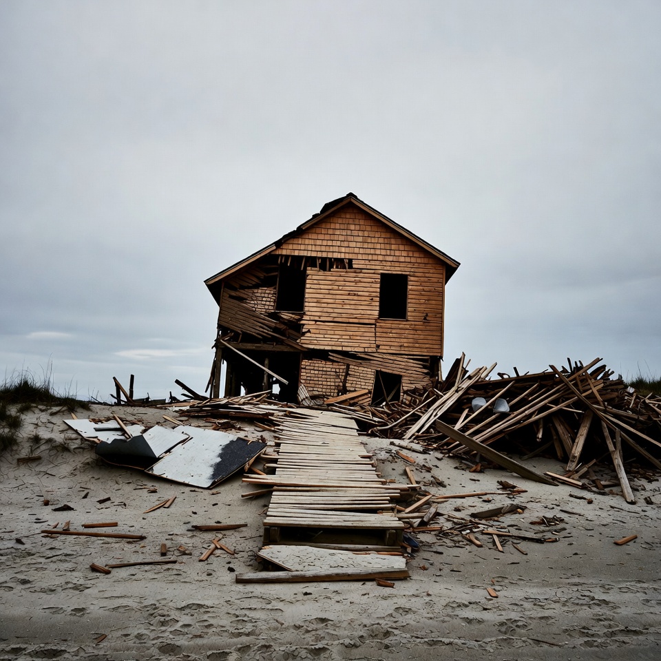 Destroyed Wooden House on Beach Destroyed Wooden House on Beach