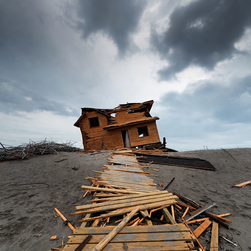 Ruined Wooden House on Sandy Beach Ruined Wooden House on Sandy Beach