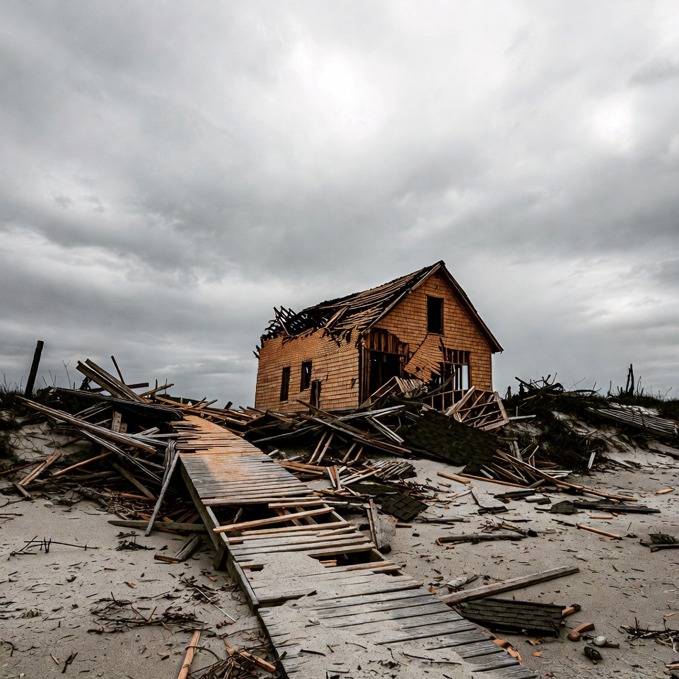Abandoned Wooden House on Beach After Storm Abandoned Wooden House on Beach After Storm