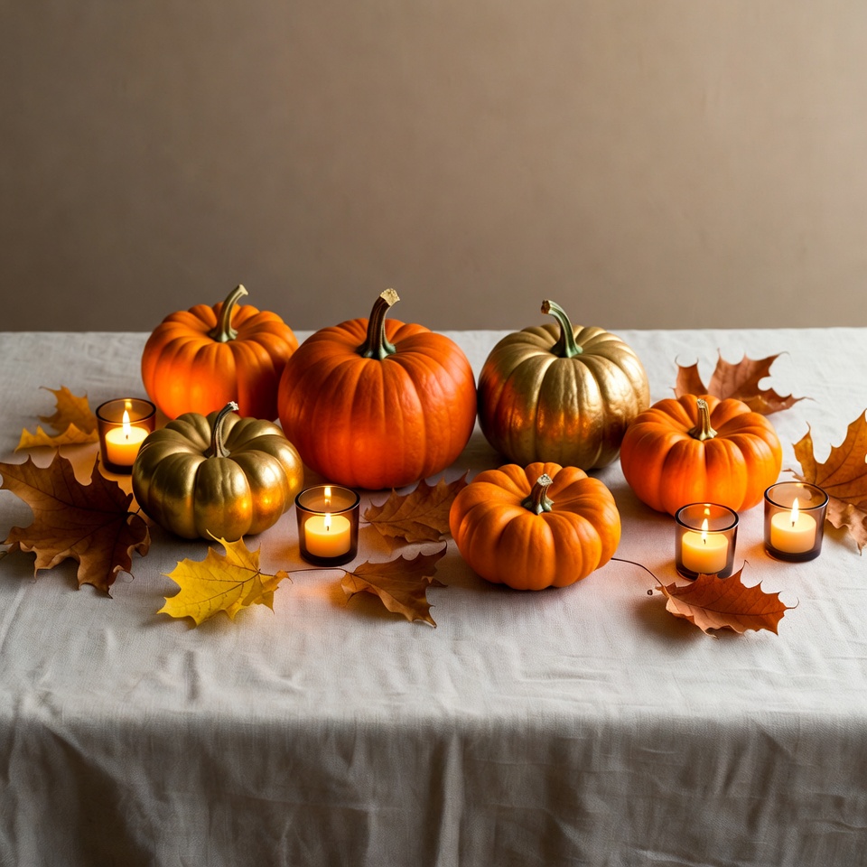 Pumpkins and Candles on Table Pumpkins and Candles on Table