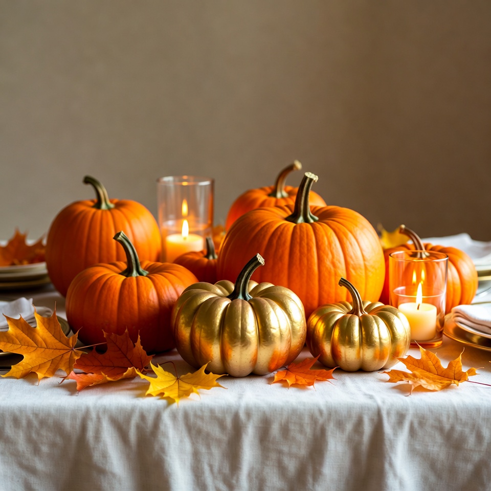 Pumpkins and Candles on Table Pumpkins and Candles on Table