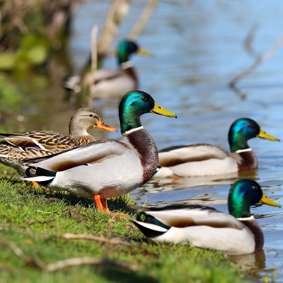 Group of Mallard Ducks by Water Group of Mallard Ducks by Water