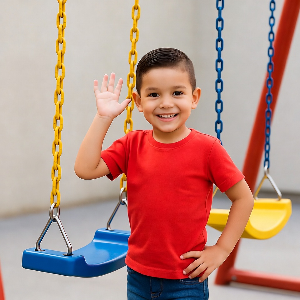 Latino boy waving on playground swing Latino boy waving on playground swing