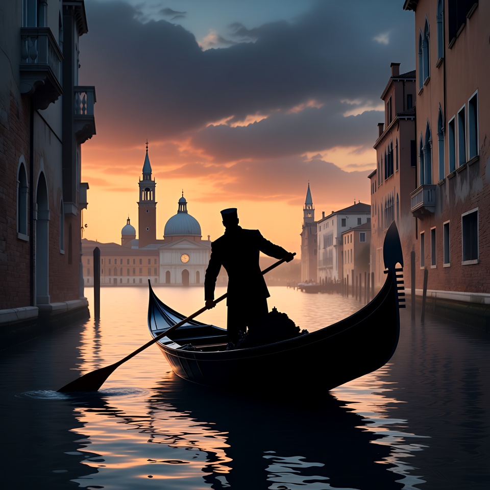 Silhouette Gondolier Rowing Venice Canal Silhouette Gondolier Rowing Venice Canal