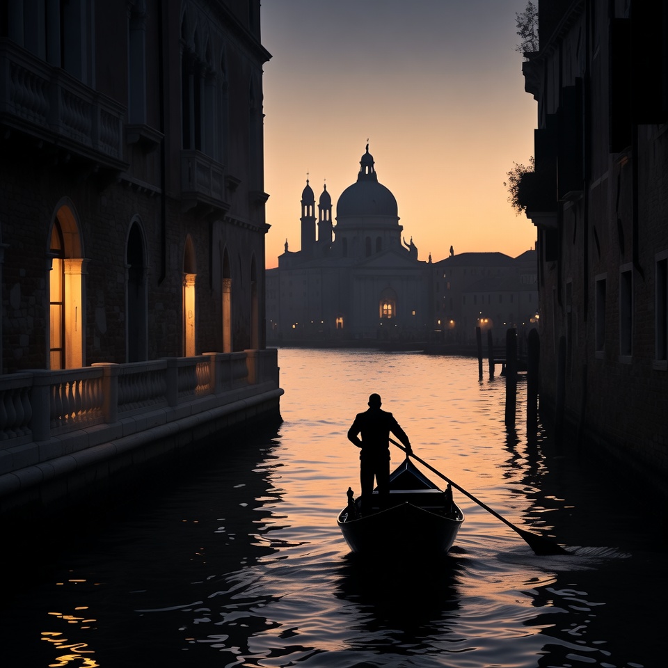 Gondolier rowing in Venice canal at sunset Gondolier rowing in Venice canal at sunset