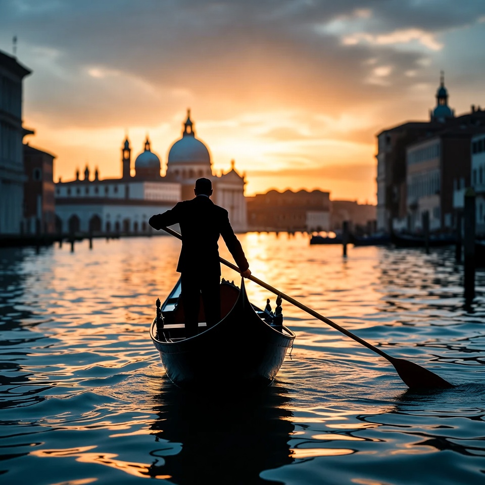 Silhouette Gondolier Rowing Venice Canal Sunset Silhouette Gondolier Rowing Venice Canal Sunset