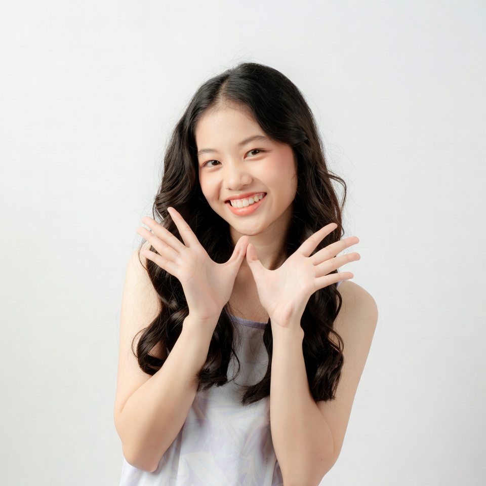 Asian girl smiling with hands framing face Asian girl smiling with hands framing face