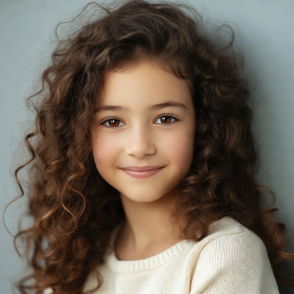 Girl with curly brown hair smiling Girl with curly brown hair smiling