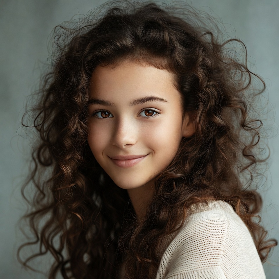 Girl with curly brown hair smiling Girl with curly brown hair smiling