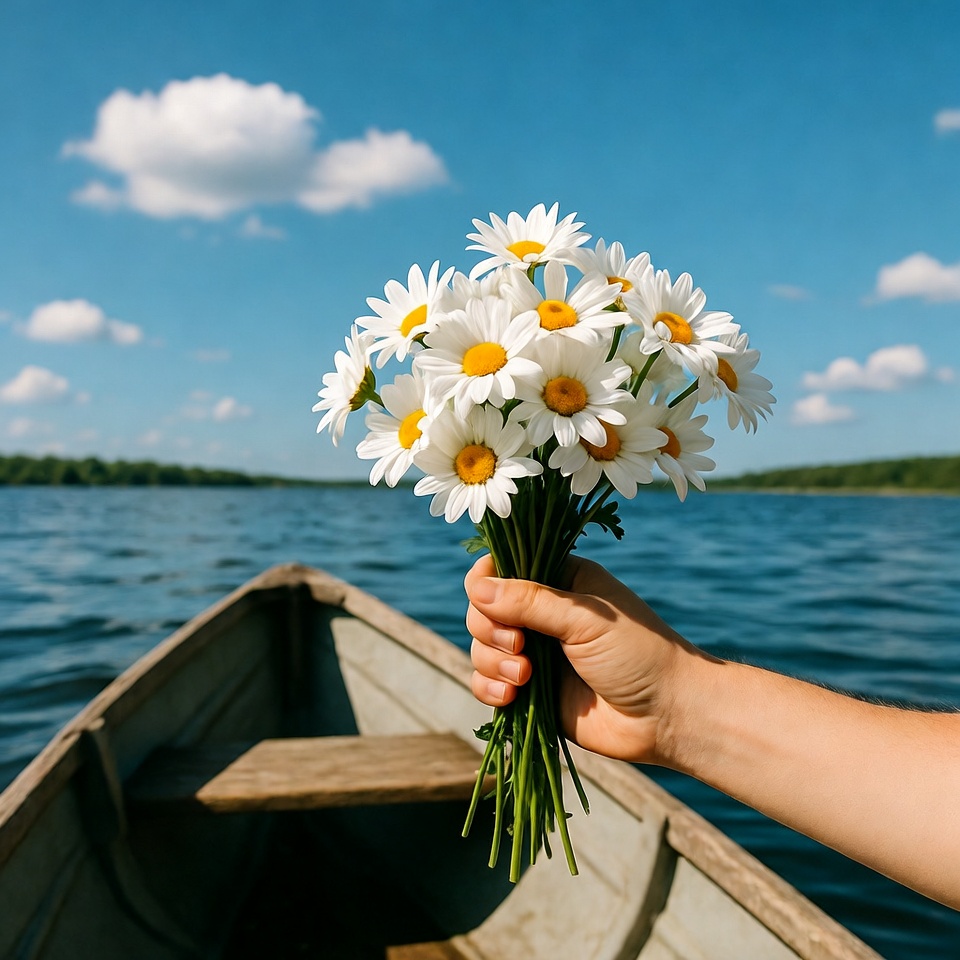 Hand holding daisies in rowboat on lake Hand holding daisies in rowboat on lake