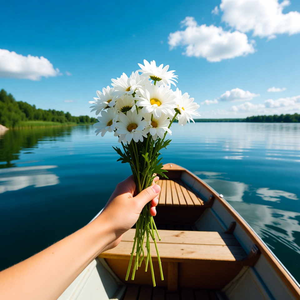 Hand holding daisies in rowboat on lake Hand holding daisies in rowboat on lake