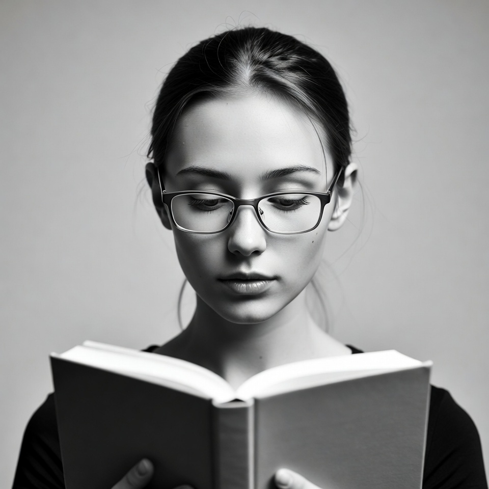 Young woman reading book in glasses Young woman reading book in glasses
