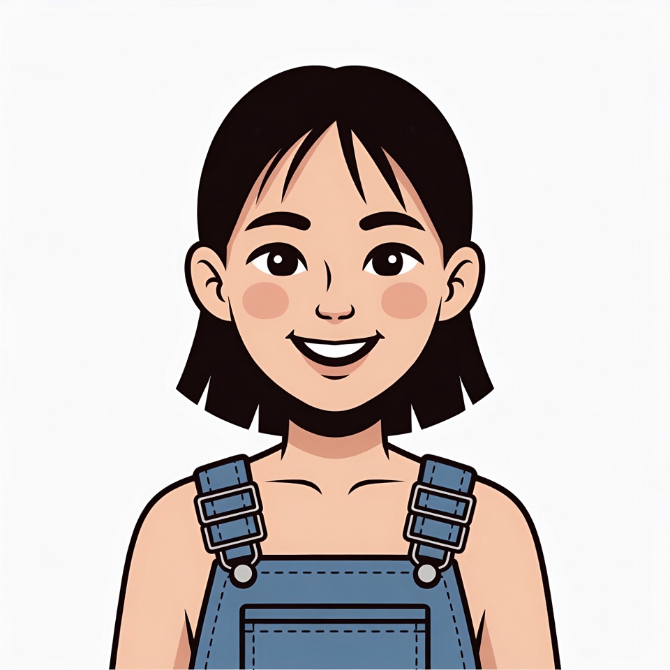 Smiling Asian girl in blue overalls Smiling Asian girl in blue overalls