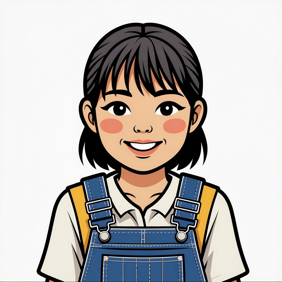 Smiling Asian girl in blue overalls Smiling Asian girl in blue overalls