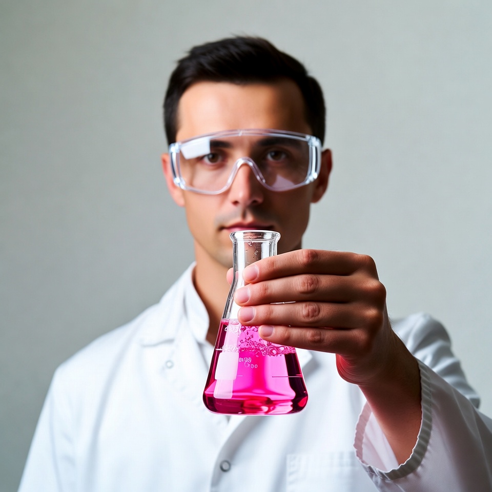 Man holding pink chemical in lab Man holding pink chemical in lab