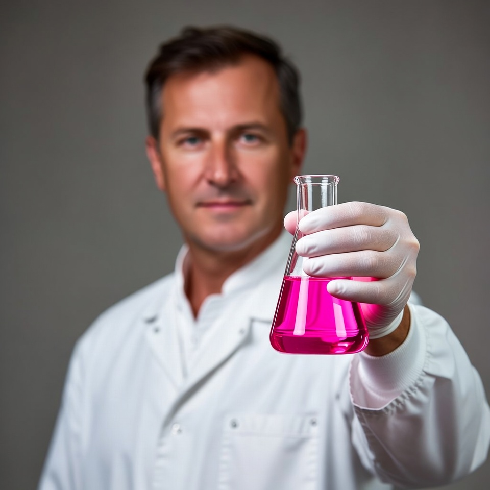 Man holding pink liquid flask Man holding pink liquid flask