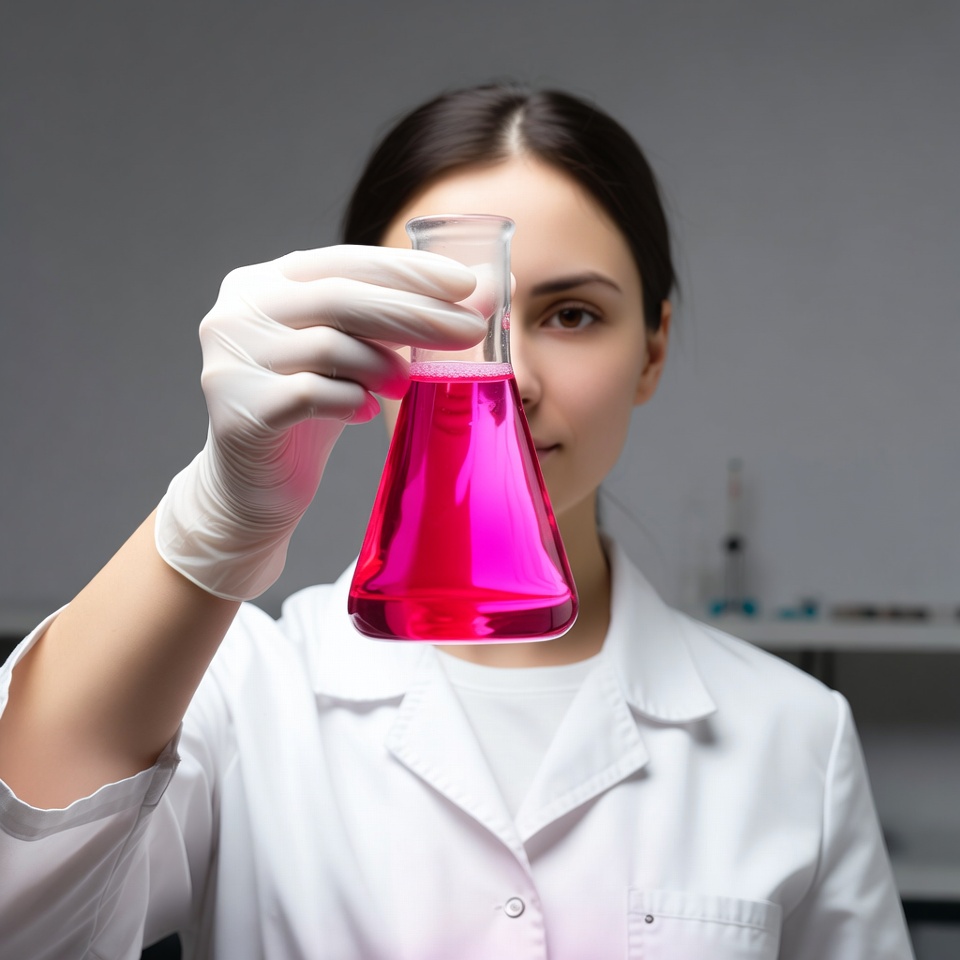 Woman holding pink chemical flask Woman holding pink chemical flask