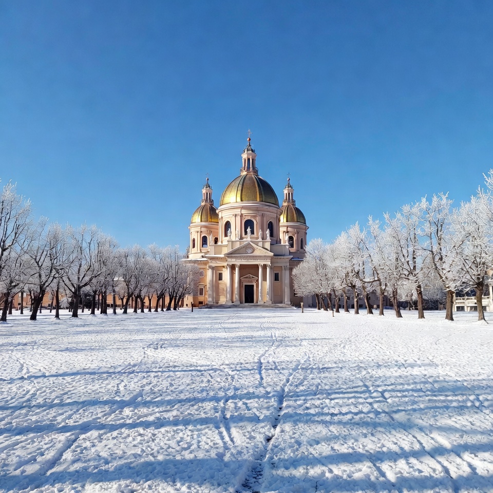 Golden-domed church in snowy landscape Golden-domed church in snowy landscape