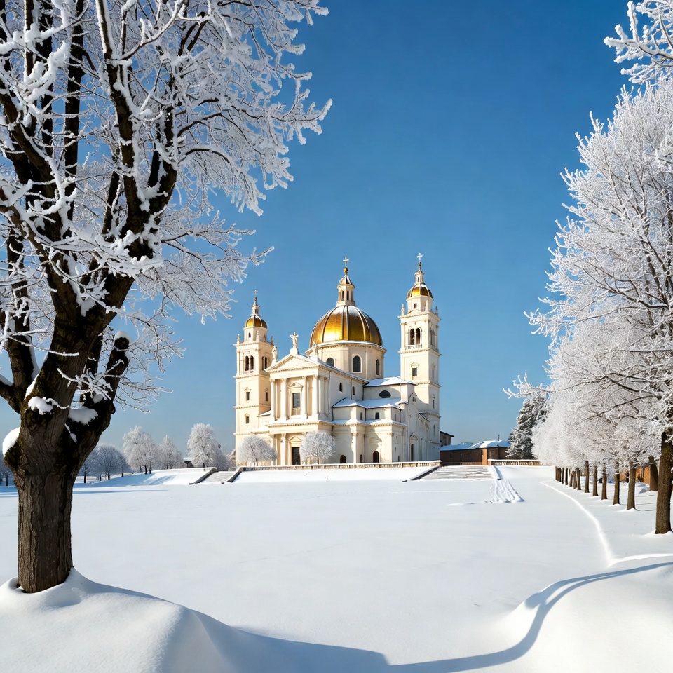 Snowy Orthodox Cathedral with Golden Domes Snowy Orthodox Cathedral with Golden Domes