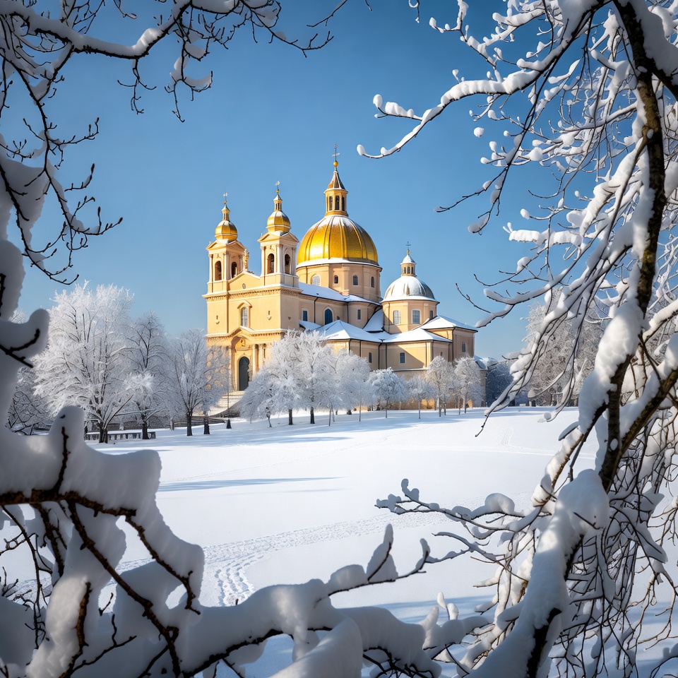 Golden-Domed Church in Snowy Landscape Golden-Domed Church in Snowy Landscape