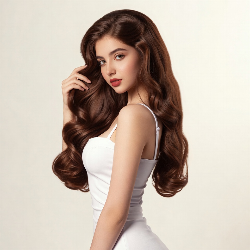 Woman with long wavy brown hair Woman with long wavy brown hair