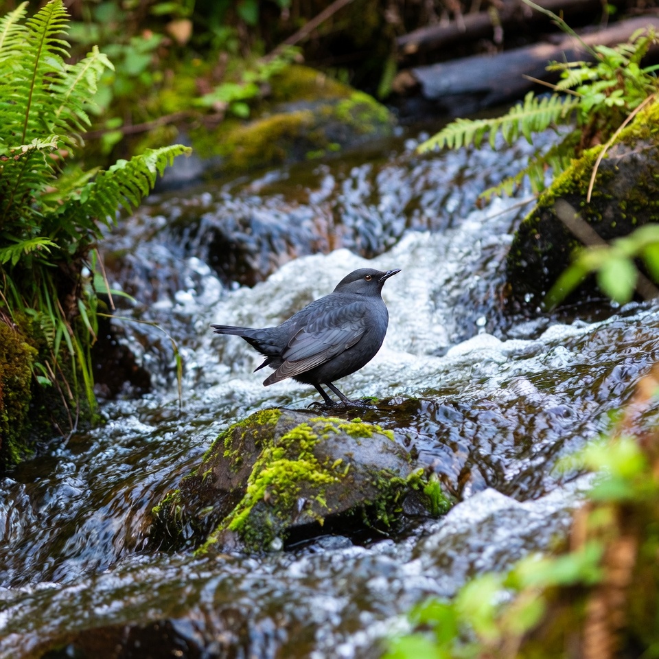 Gray bird on mossy rock in stream Gray bird on mossy rock in stream
