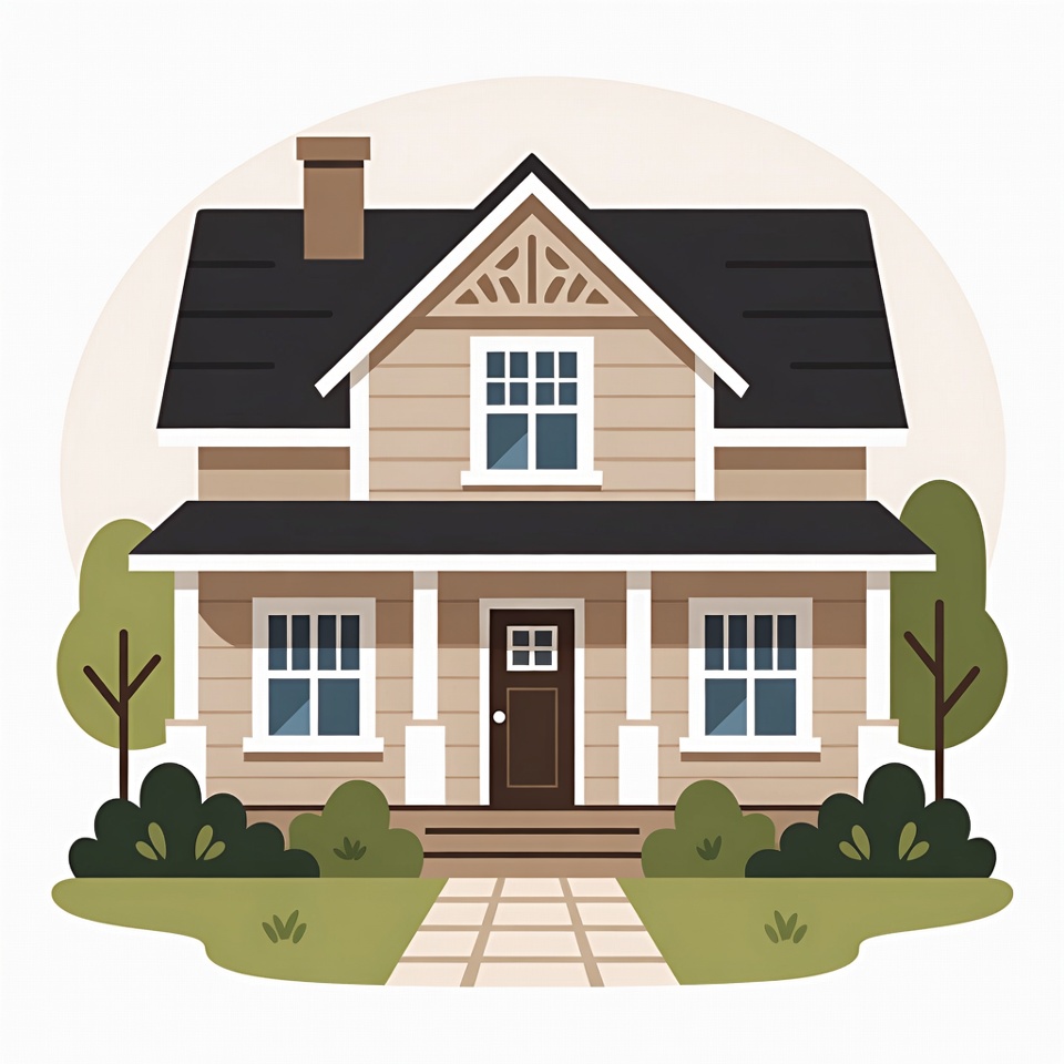 Illustrated House with Porch and Trees Illustrated House with Porch and Trees