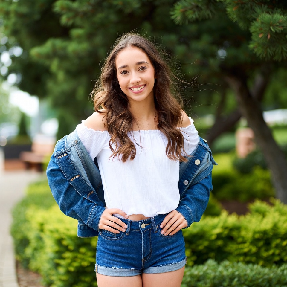 Smiling teenage girl in denim outfit outdoors Smiling teenage girl in denim outfit outdoors