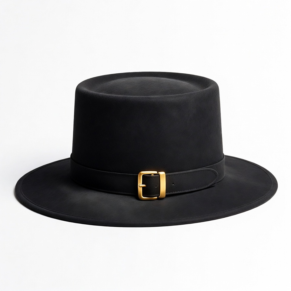 Black felt hat with gold buckle Black felt hat with gold buckle