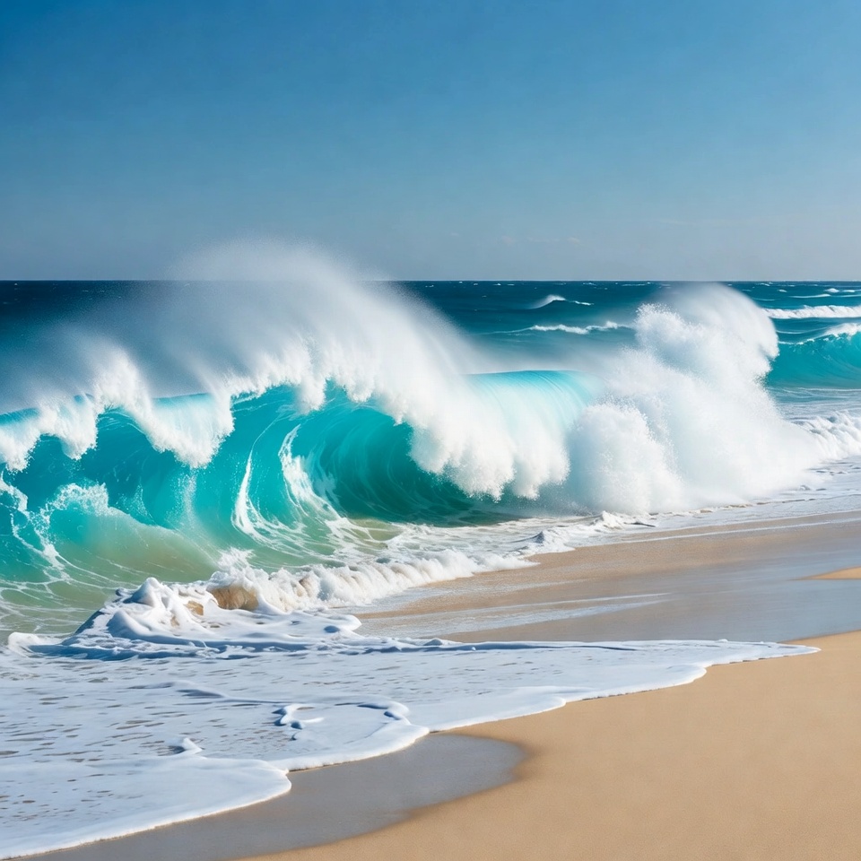 Massive turquoise ocean wave crashing on beach Massive turquoise ocean wave crashing on beach