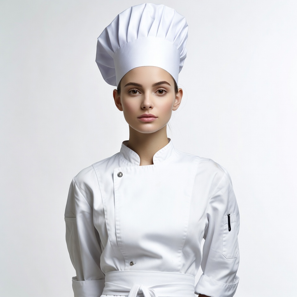 Woman wearing white chef uniform Woman wearing white chef uniform