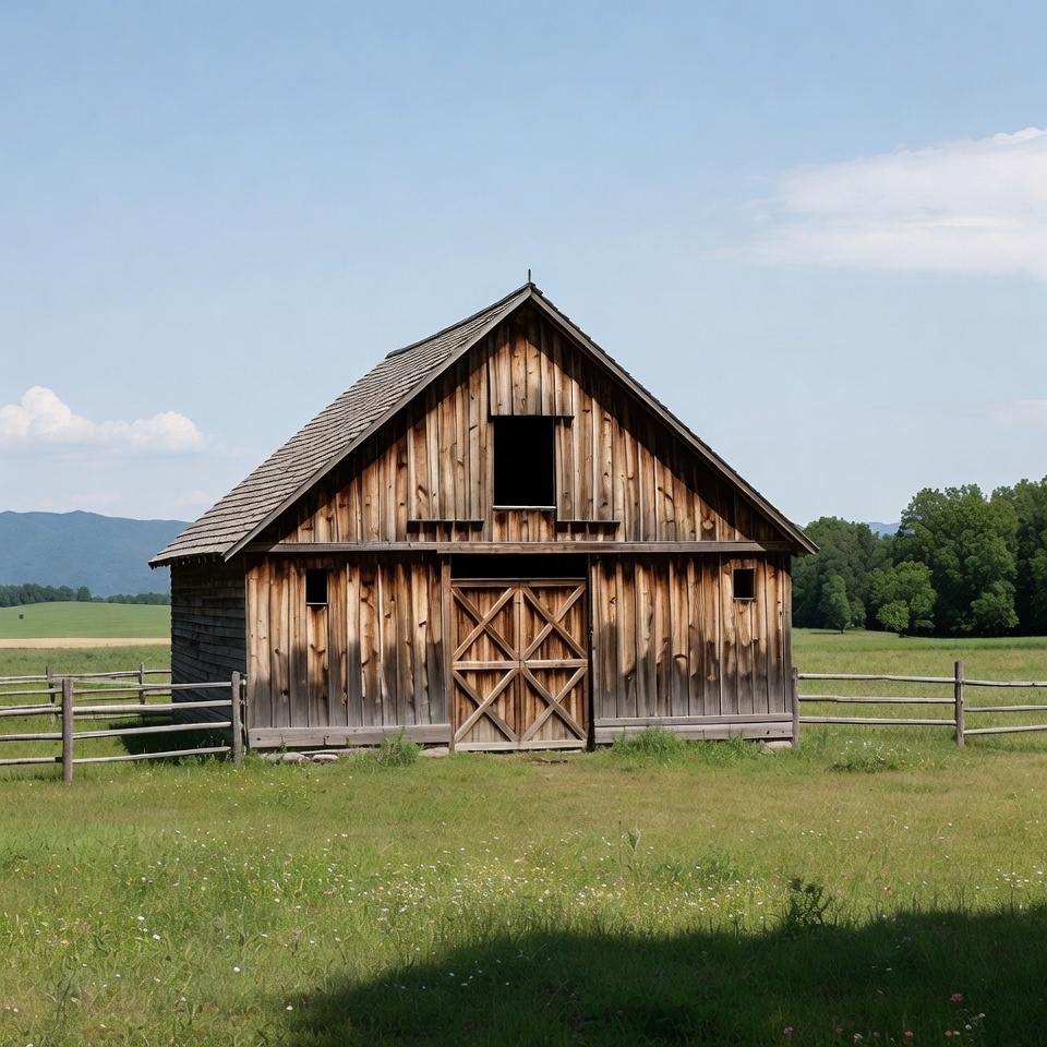 Rustic wooden barn in field Rustic wooden barn in field