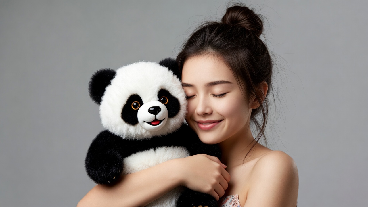 Asian woman hugging plush panda Asian woman hugging plush panda