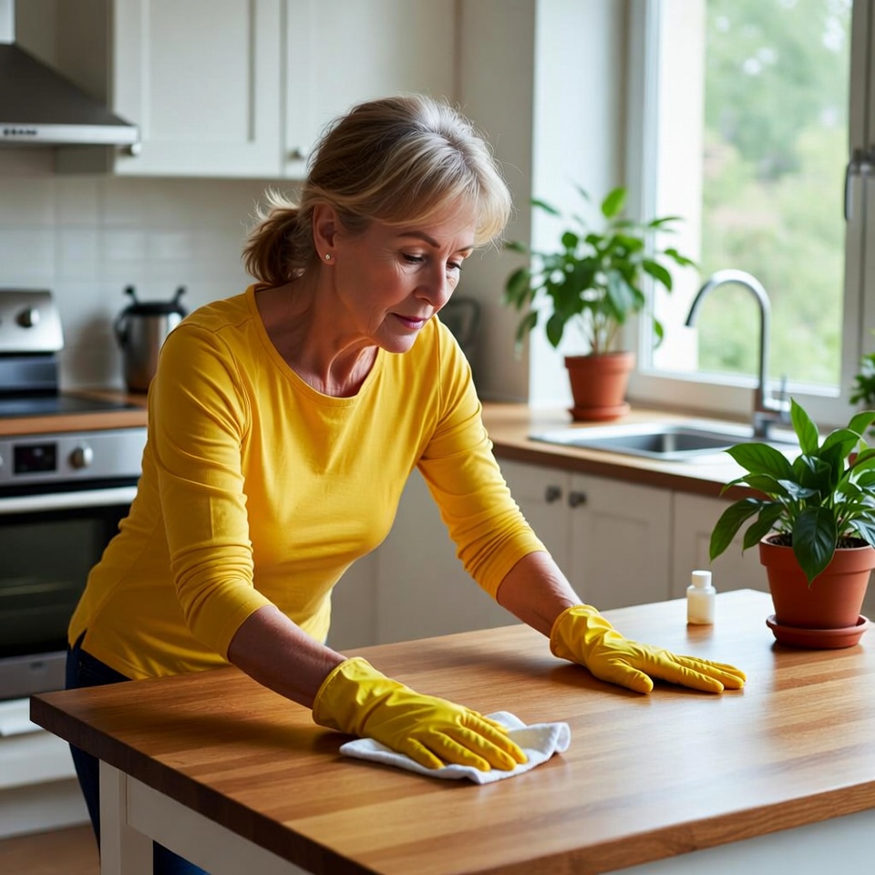Senior woman cleaning kitchen counter Senior woman cleaning kitchen counter