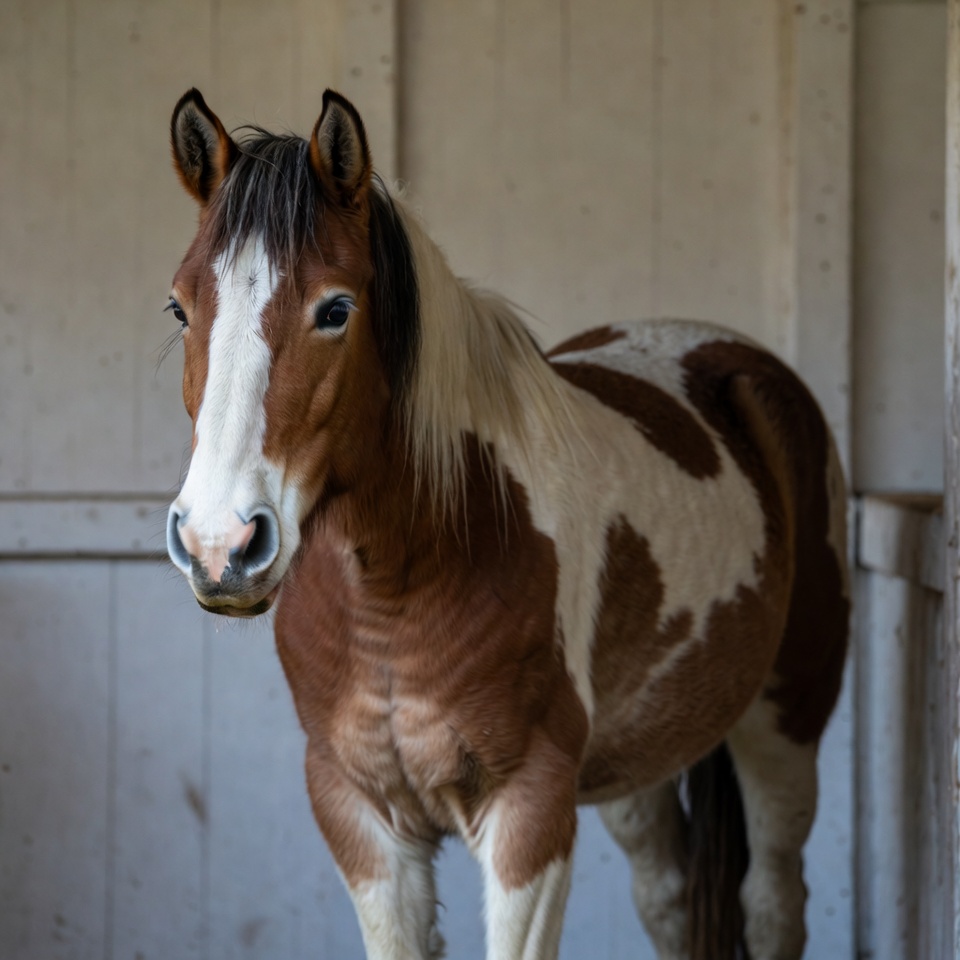 Pinto horse in wooden stable Pinto horse in wooden stable