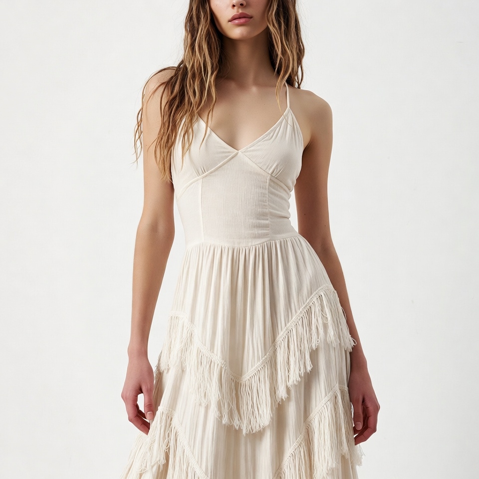 Woman in white fringed dress Woman in white fringed dress