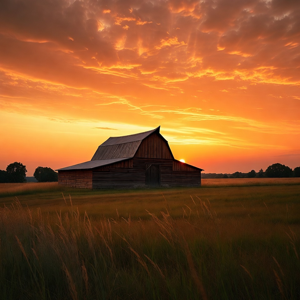 Red Barn at Sunset in Field Red Barn at Sunset in Field